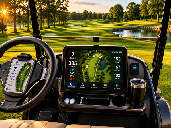 Golf cart GPS screen on the course